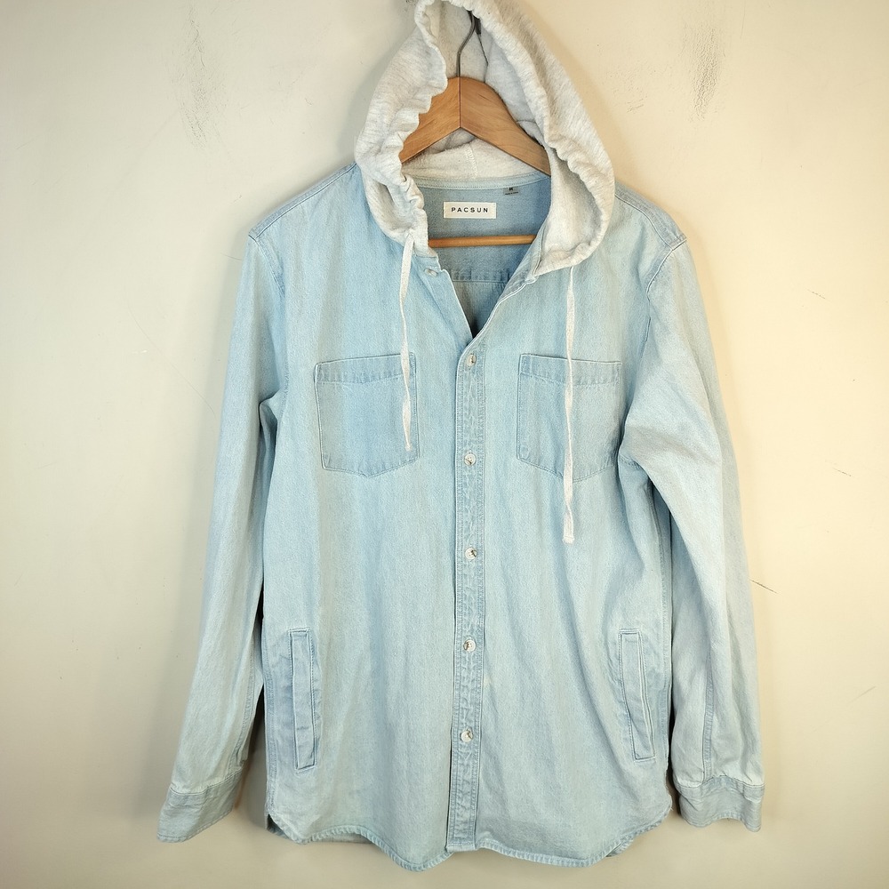 PacSun Hooded Denim Shirt Jacket Mens Medium Button Up Light Wash Blue